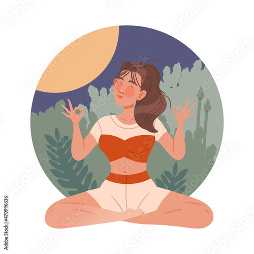 Beautiful woman meditating in Lotus pose against nature background. Girl practicing yoga and breathing exercise cartoon vector illustration