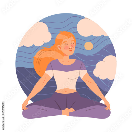 Beautiful woman meditating in Lotus pose. Young woman practicing yoga and breathing exercise against nature background cartoon vector illustration