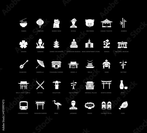 Tokyo. Collection of perfectly simple monochrome icons for web design, app, and the most modern projects. Universal pack of classical signs for category Countries and Cities.