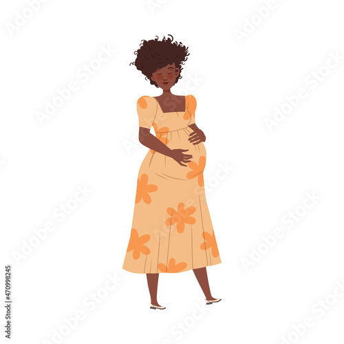 Young Pregnant Woman Standing and Holding Her Belly Vector Illustration