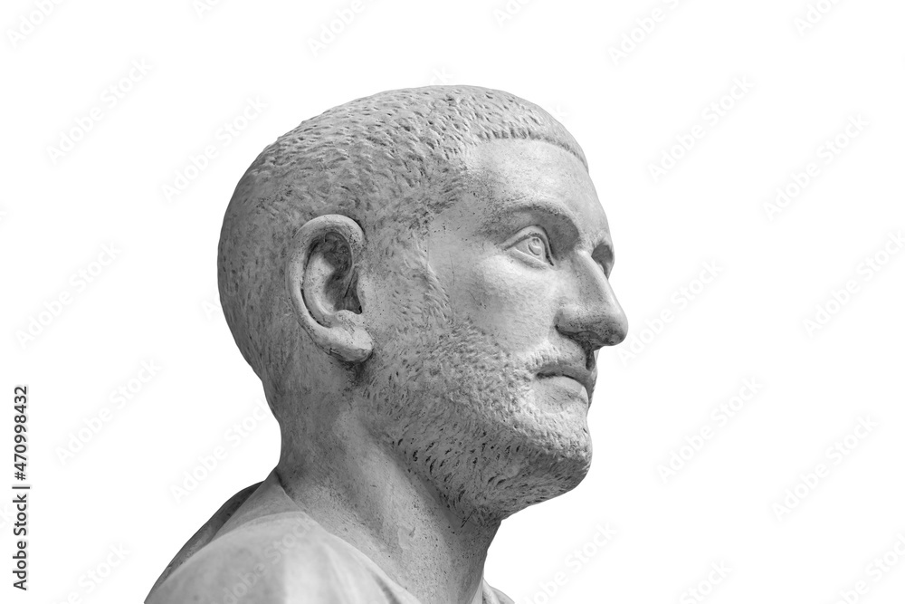 Portrait of Roman emperor Marcus Julius Philippus Arabs. Philip the Arab isolated on white background. Classic antiquity man portrait Portrait of Roman emperor Marcus Julius Philippus Arabs. Philip the Arab isolated on white background. Classic antiquity man portrait