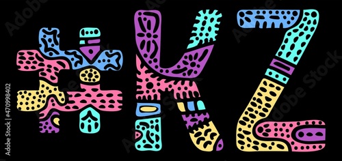 KZ Hashtag. Multicolored bright isolate curves doodle letters. Hashtag #KZ is abbreviation for the Kazakhstan for social network, web resources, mobile apps.