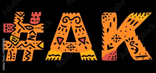 AK Hashtag. Multicolored bright isolate curves doodle letters. Hashtag #AK is abbreviation for the US American state Alaska for social network, web resources, mobile apps.