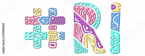 RI Hashtag. Multicolored bright isolate curves doodle letters. Hashtag #RI is abbreviation for the US American Rhode Island for social network, web resources, mobile apps.