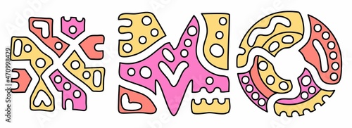 MO Hashtag. Doodle isolate text. Colored curves decorative doodle letters. Hashtag #MO is abbreviation for the US American state Missouri for print, booklet, banner, flyer.