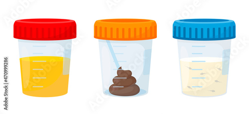 Analysis of feces and urine and semen. Plastic container isolated on white background. Vector illustration in cartoon style