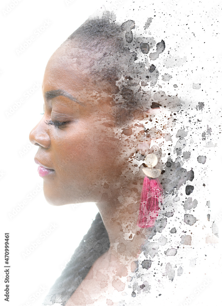 Paintography. A profile portrait of a woman combined with abstract splashes painted in watercolor.