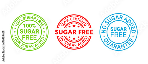 Sugar free rubber stamp. No sugar added badges. Diabetic round labels. Certified stickers. Emblems for packaging. Set of seal imprints isolated on white background. Icon for food. Vector illustration