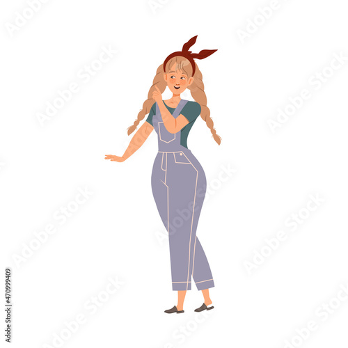 Female with Braided Hair and Headband Looking at Somethign with Satisfied Face Vector Illustration