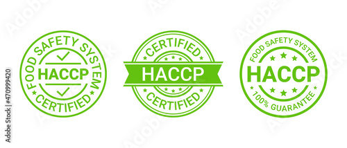 HACCP stamp. Food safety system badge. Hazard analysis and Critical Control Points seal imprint. Certified emblems. Quality warranty marks. Set icons isolated on white background. Vector illustration