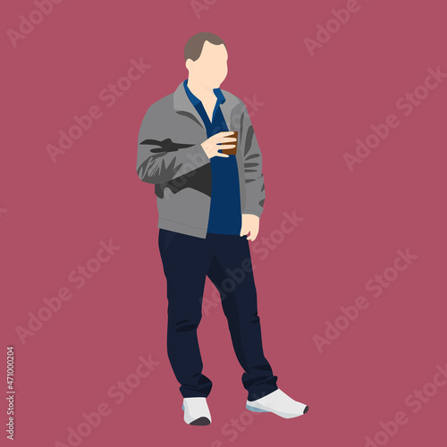 A young man or guy is standing with a cup of coffee in his hand. The man is wearing jeans, a T-shirt and a light jacket and is wearing sneakers. Cartoon silhouette style.