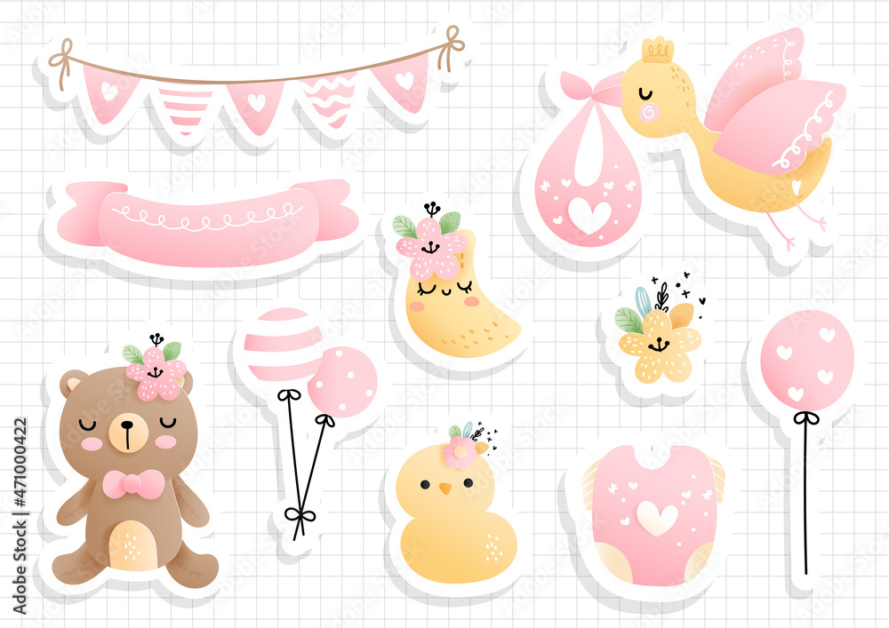 Baby girl sticker, scrapbook. Baby shower sticker sheet Baby girl sticker, scrapbook. Baby shower sticker sheet