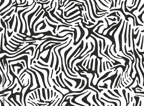 Seamless pattern of abstract black and white stripes. Zebra skin texture. Print for fabric  wallpaper or wrapping paper. Natural ornament. Vector illustration
