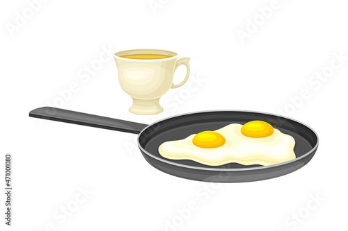 Fryed egg and cup of coffee. Breakfast food. Morning time concept cartoon vector illustration