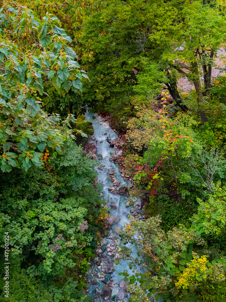 Fototapeta premium River of sulfur springs flowing through a hot spring town (Zao, Yamagata, Japan)