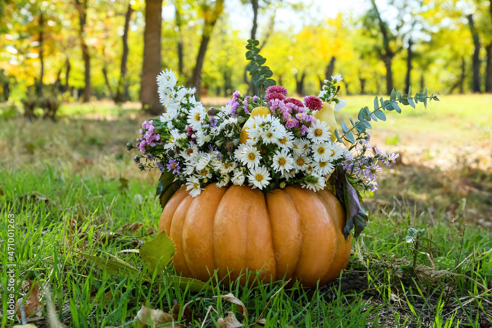 Beautiful bouquet of autumn flowers in pumpkin outdoors - obrazy, fototapety, plakaty 
