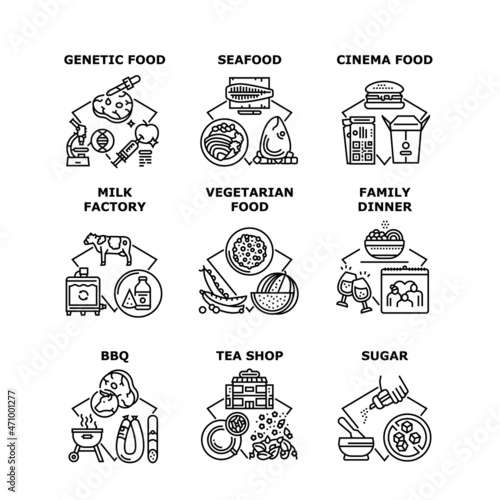 Food Family Dinner Set Icons Vector Illustrations. Vegetarian And Food For Cinema, Raw Meat Ingredient For Bbq And Seafood, Genetic Nutrition And Tea Shop. Nourishment Black Illustration