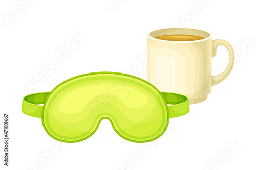 Sleeping mask and cup of coffee. Morning time, wake up concept cartoon vector illustration