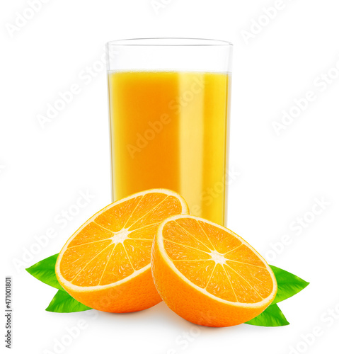 glass of fresh orange juice, an orange cut in half and orange tree leaves isolated on white background with clipping path. concept for packaging 