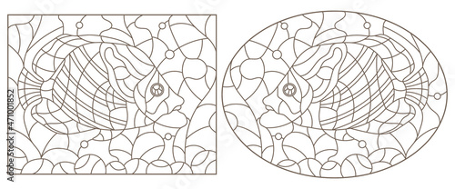 A set of contour illustrations in the stained glass style with butterfly fish on a background of algae, dark contours on a white background