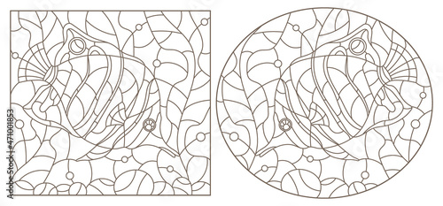 A set of contour illustrations in the stained glass style with butterfly fish on a background of algae, dark contours on a white background