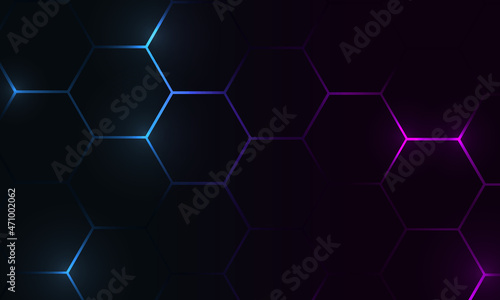Hexagon technology futuristic dark vector abstract background with blue and pink colored bright flashesunder hexagon. Hexagonal gaming honeycomb abstract background. © Biod