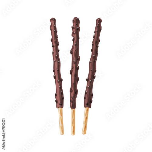 Chocolate biscuit sticks with almond crush on a white isolated background. Delicious dessert. Vector cartoon illustration photo