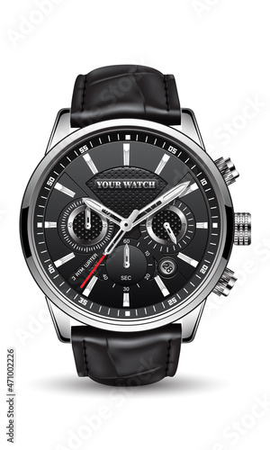 Realistic clock watch sport chronograph black silver red steel for men luxury on white background object vector