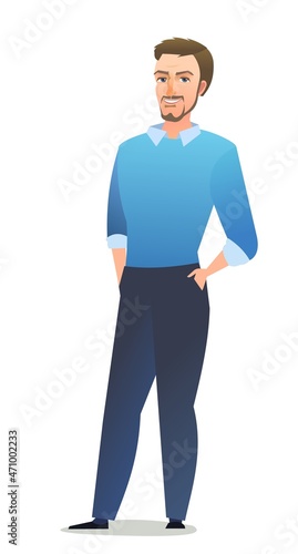 Handsome man in pants and sweater. Cheerful middle aged guy. Cheerful person. Standing pose. Cartoon comic style flat design. Single character. Illustration isolated on white background. Vector