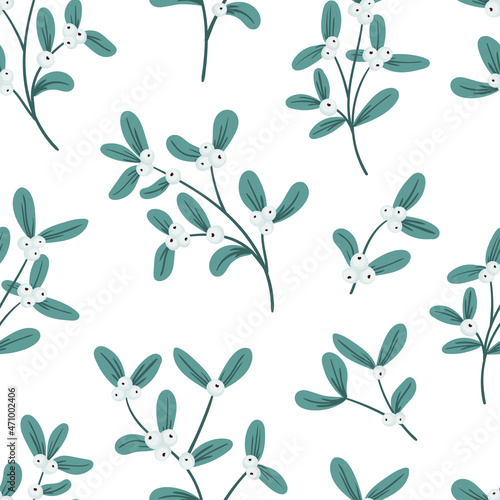 Mistletoe, viscum branches with oblong leaves and berries vector seamless pattern. Christmas, New Year holiday winter floral background for greeting cards, wallpapers, gift paper, web page.