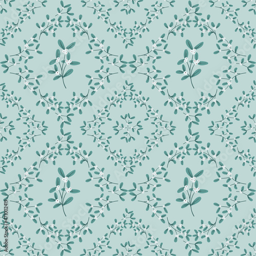 Mistletoe, viscum branches with oblong leaves and berries vector seamless pattern. Christmas, New Year holiday winter floral background for greeting cards, wallpapers, gift paper, web page.