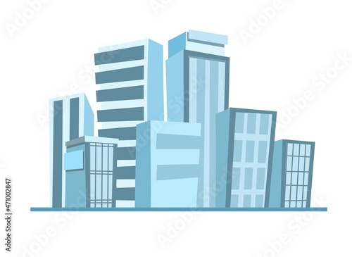 Big city from afar. Skyscrapers and large buildings. Cartoon flat style illustration. Blue city landscape Cityscape. Isolated on white background. Vector.