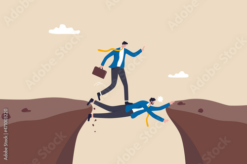Selfish employee take advantage of other people, supporting boss help other to achieve career success concept, strong business manager use himself as human bridge for other to get pass the cliff. photo