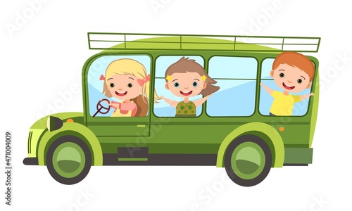 Tourist bus. Kids drives a green multi-seat automobile. Toy vehicle. Car with a motor. Passenger auto. Off-road. Isolated on white background. Vector