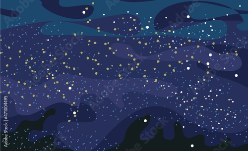 Fototapeta Naklejka Na Ścianę i Meble -  Cosmos background. Starry sky landscape. Dark blue color. Flat style. Cartoon design. Vector