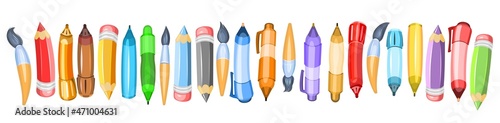 Stationery. Horizontal composition for the border. Pencils and brushes. A set of tools for creativity. Ballpoint and gel pens. Isolated on white background. Cheerful cartoon style. Vector.