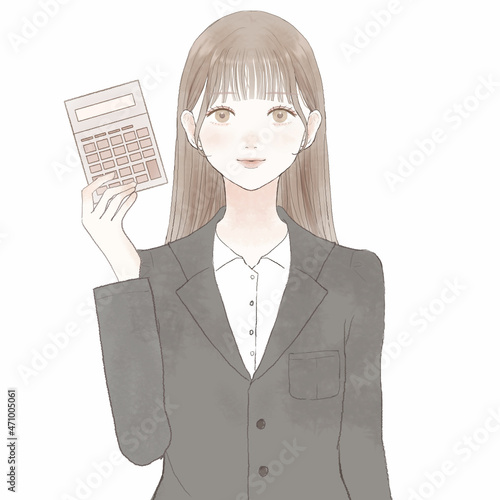 電卓を持っているスーツを着た女性