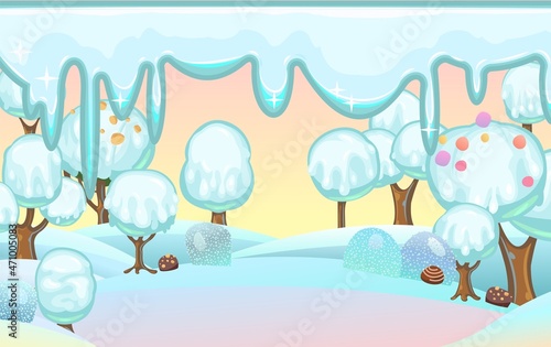 Landscape with ice cream on chocolate sticks. Childrens picture background. Cartoon style. Snow drifts. Cold winter dream land. Refreshing sweets and drips. Vector