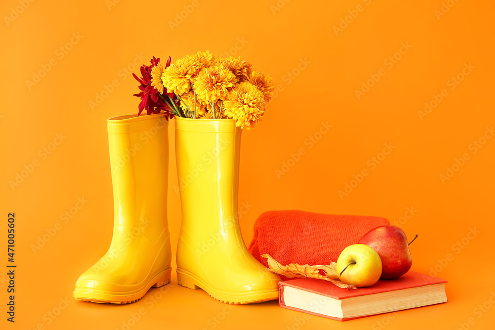 Rubber boots, flowers, book and apples on color background - obrazy, fototapety, plakaty 