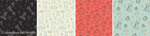 Set of chess seamless patterns. Textures with different elements in doodle style.