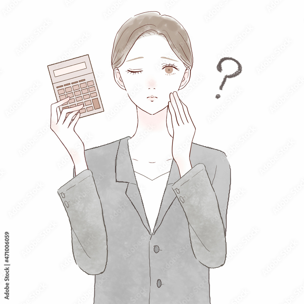 電卓を持つ、疑問を持っているスーツを着た女性