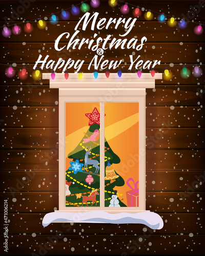 Merry Chrismas, window, night, decoraions garland retro, living room christmas tree. Xmas and new Year holiday celebration. Vector illustration flat cartoon style photo