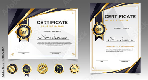 Black and gold certificate of appreciation border template with luxury badge and modern line and shapes. For award, business, and education needs. Diploma vector template