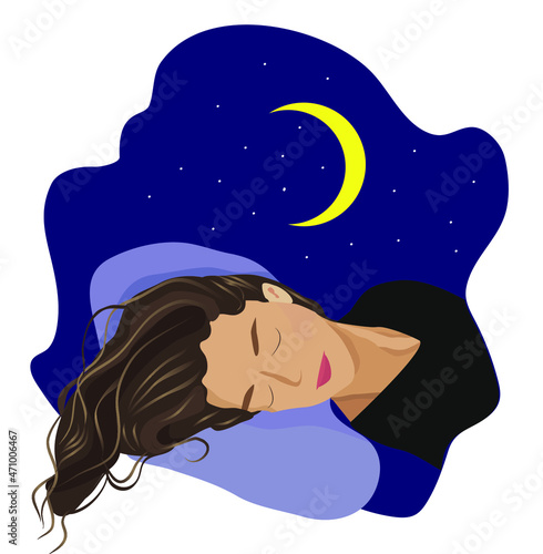 A beautiful girl is sleeping, her hair is scattered on the pillow. Vector illustration of healthy sleep for the tracker of good habits. It is necessary to observe the daily routine. 