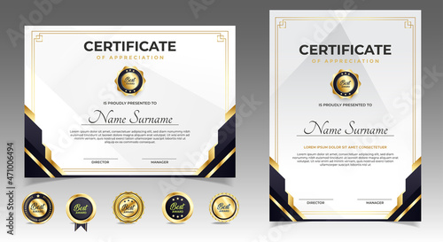 Black and gold certificate of appreciation border template with luxury badge and modern line and shapes. For award, business, and education needs. Diploma vector template