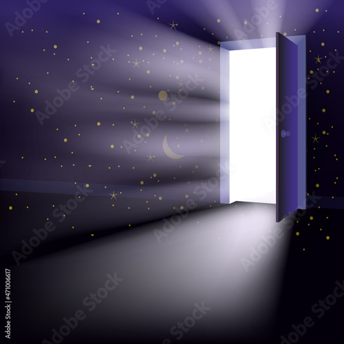 Open Door in universe, abstract mystical light, galaxy stars. Imagination insparation, outer space opening a door to the unknown future. Vector illustration