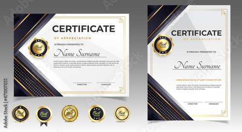 Black and gold certificate of appreciation border template with luxury badge and modern line and shapes. For award, business, and education needs. Diploma vector template