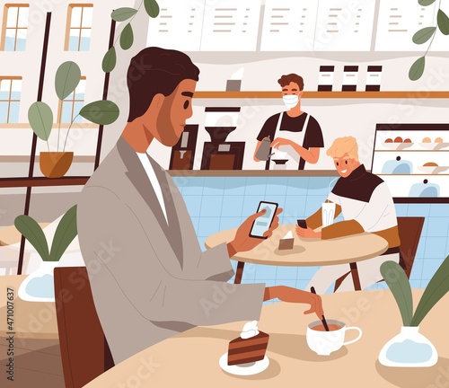 Person with mobile phone at coffee shop. Man with smartphone surfing internet, sitting at table in coffeehouse. Cafe visitor use social media and texting with cellphone. Flat vector illustration