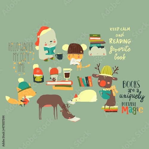 Cartoon Set with Cute Animals reading Books