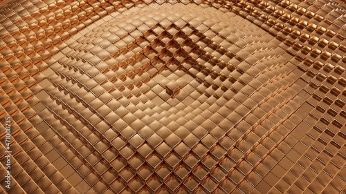 Abstract wave pattern animation in a circle motion from golden cubes. 3D render. Gold material background